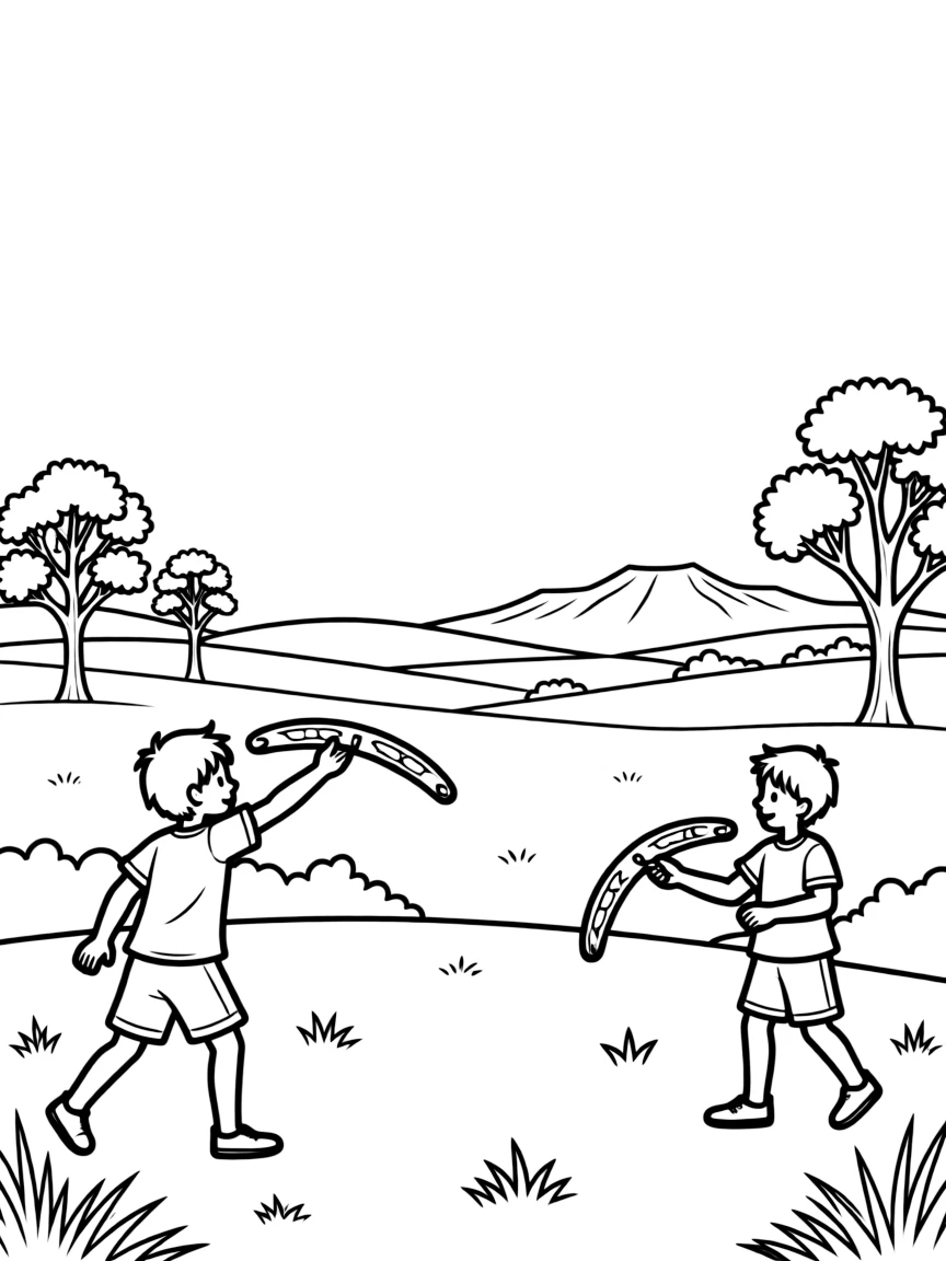 Kids playing with boomerangs in Australia with a wide-open landscape.