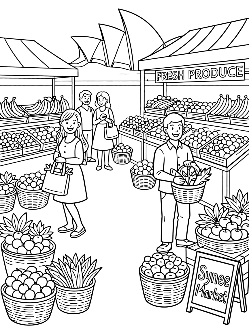 A bustling market in Sydney with fresh produce and happy shoppers.