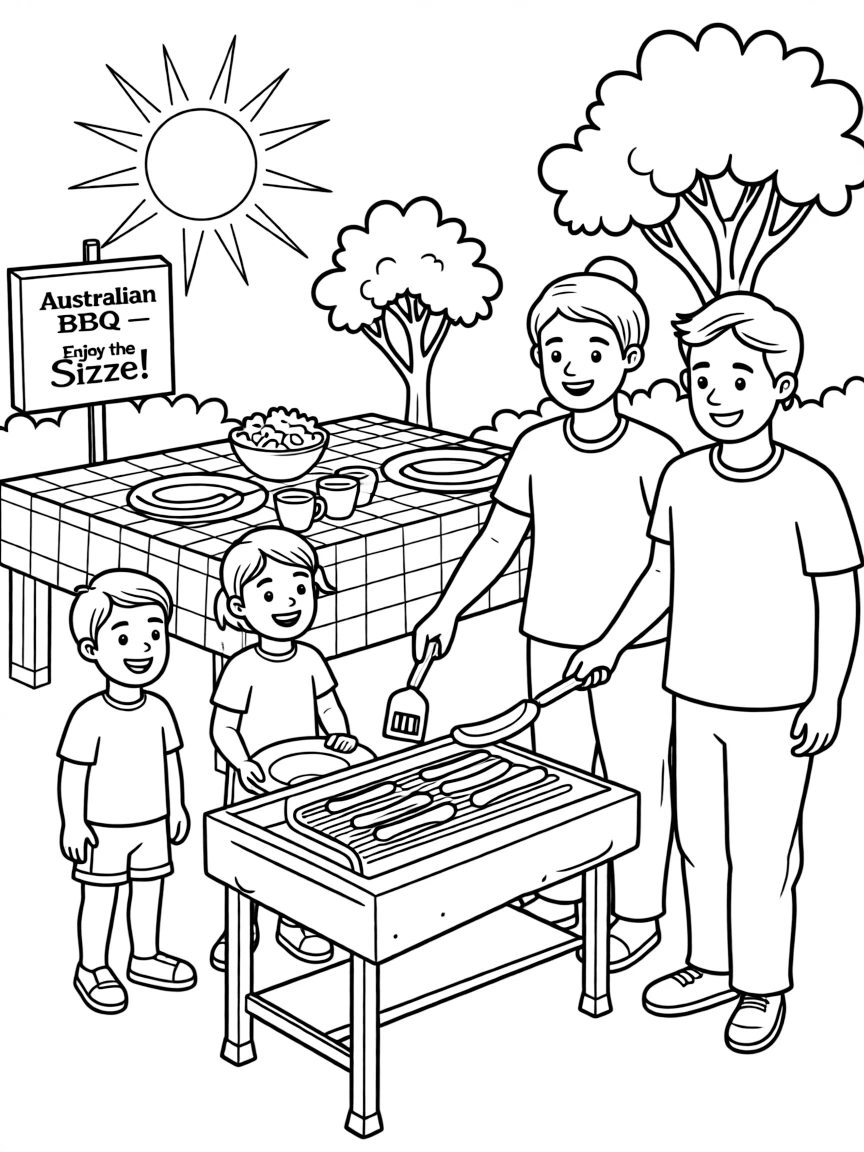 A delicious barbecue in Australia with sizzling sausages and happy families.