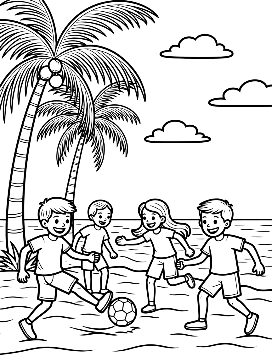 Kids playing soccer on a beach in Rio with palm trees and a sunny sky.