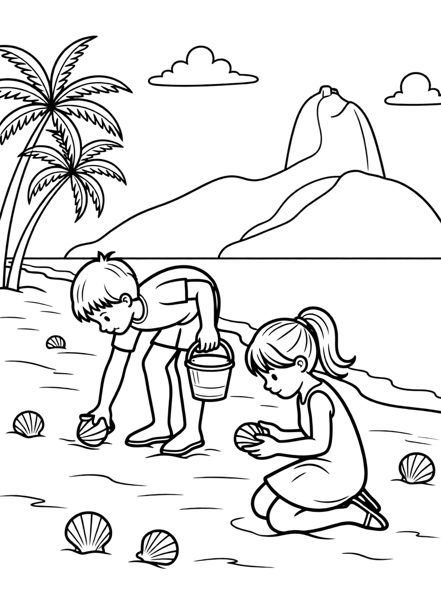 Kids collecting seashells on a beautiful beach in Rio.