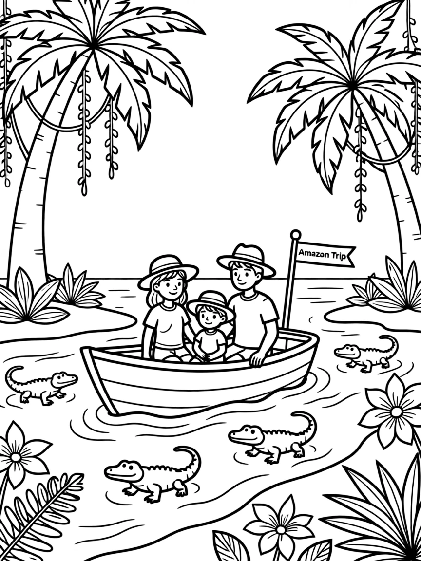 A boat trip down the Amazon River in Brazil with tiny caimans and lush trees.