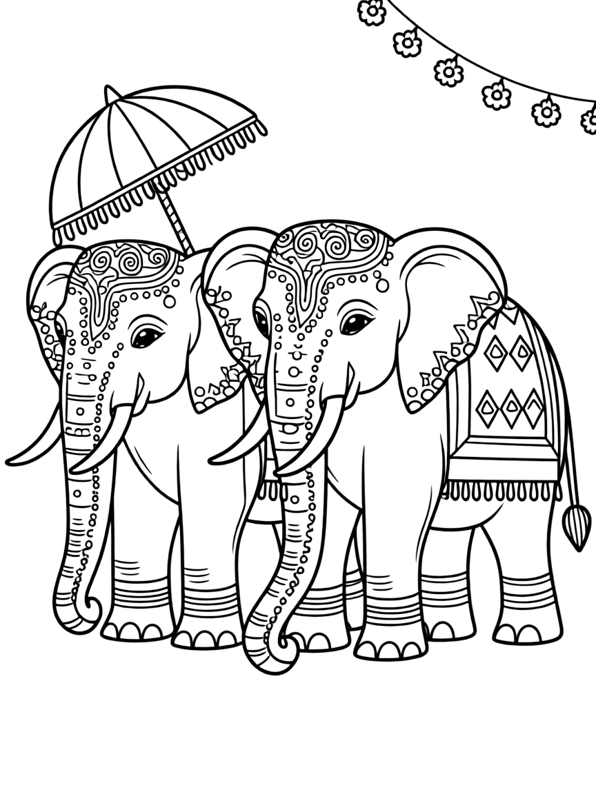 Elephants decorated with colorful paint for a festival in India.