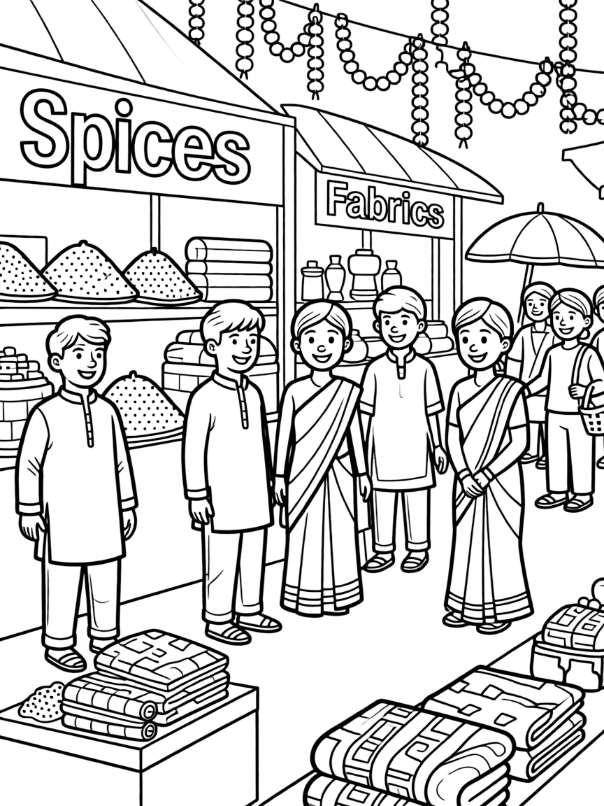 A bustling market in India with spices, fabrics, and happy vendors.