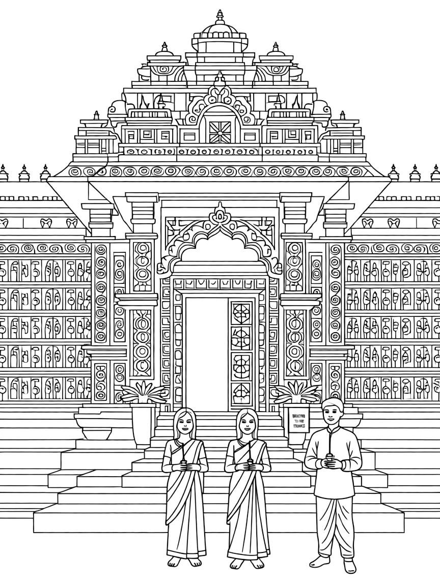 A beautiful Indian temple with intricate carvings and peaceful devotees.