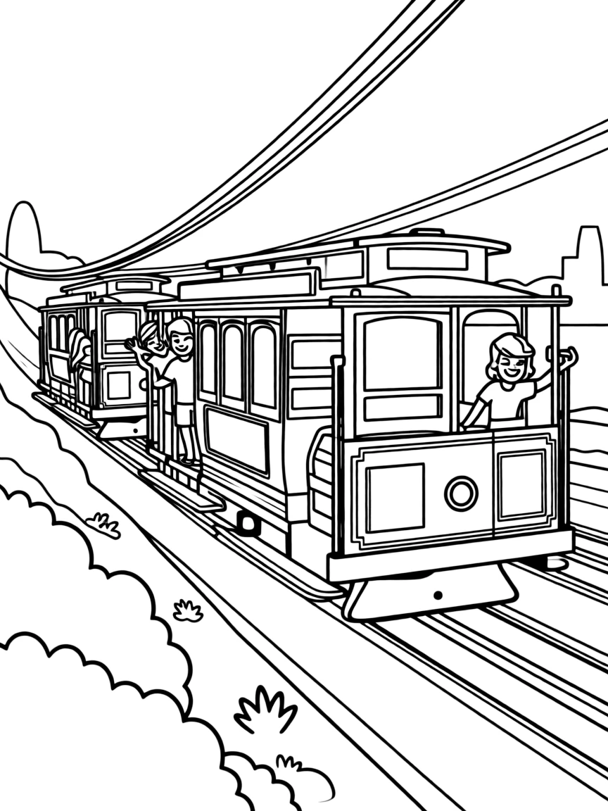 Cable cars climbing up the steep hills of San Francisco with happy passengers.