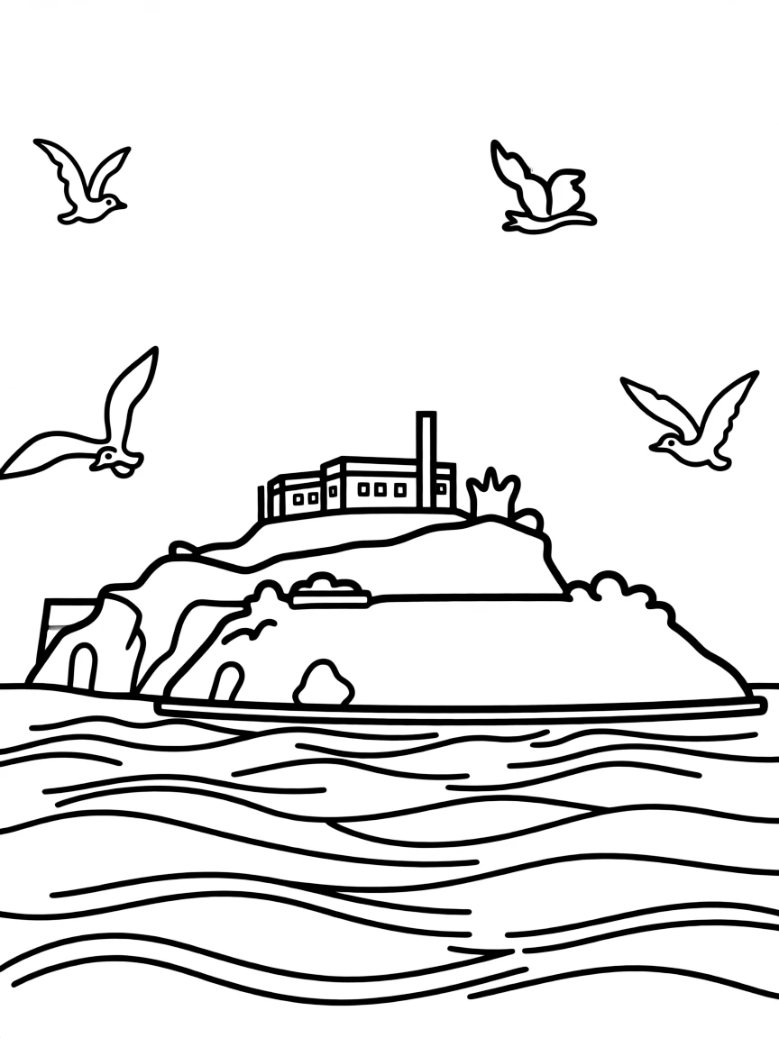 Alcatraz Island in San Francisco with tiny birds flying around.