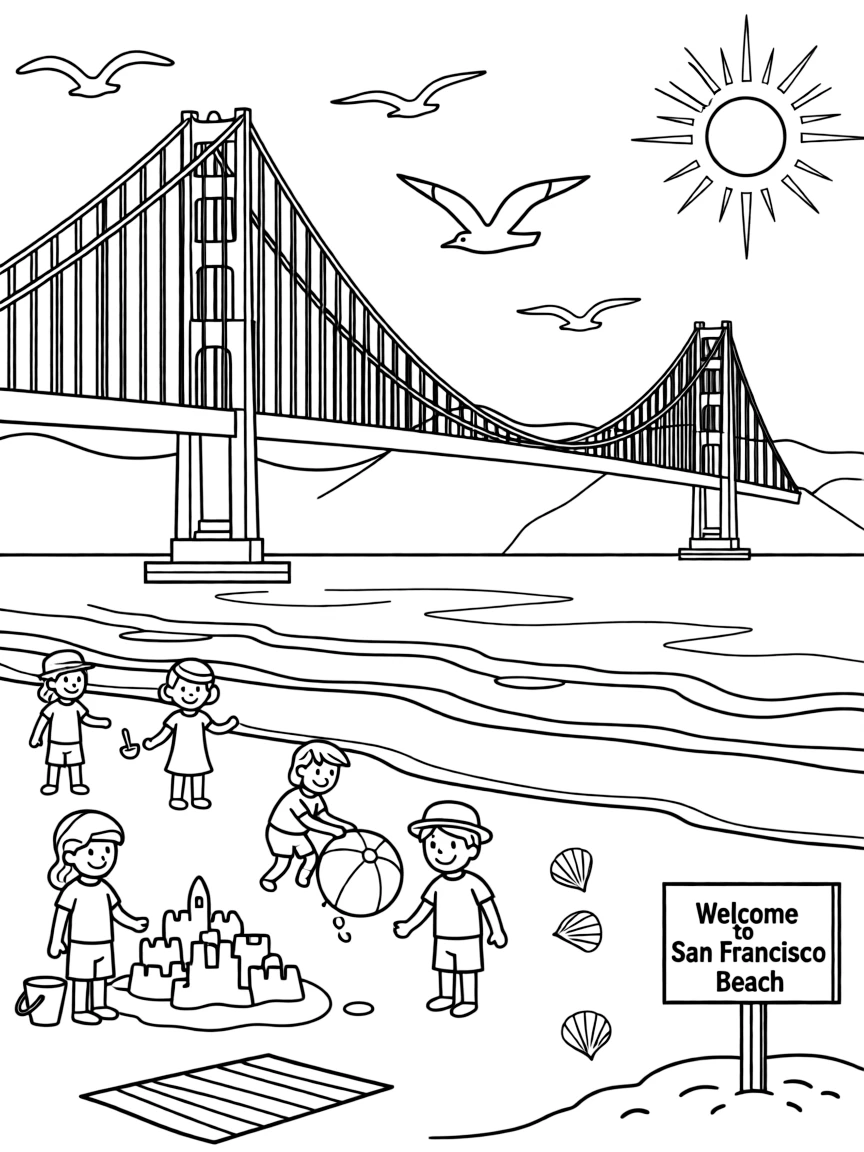Kids playing on a sunny beach in San Francisco with a view of the Golden Gate Bridge.