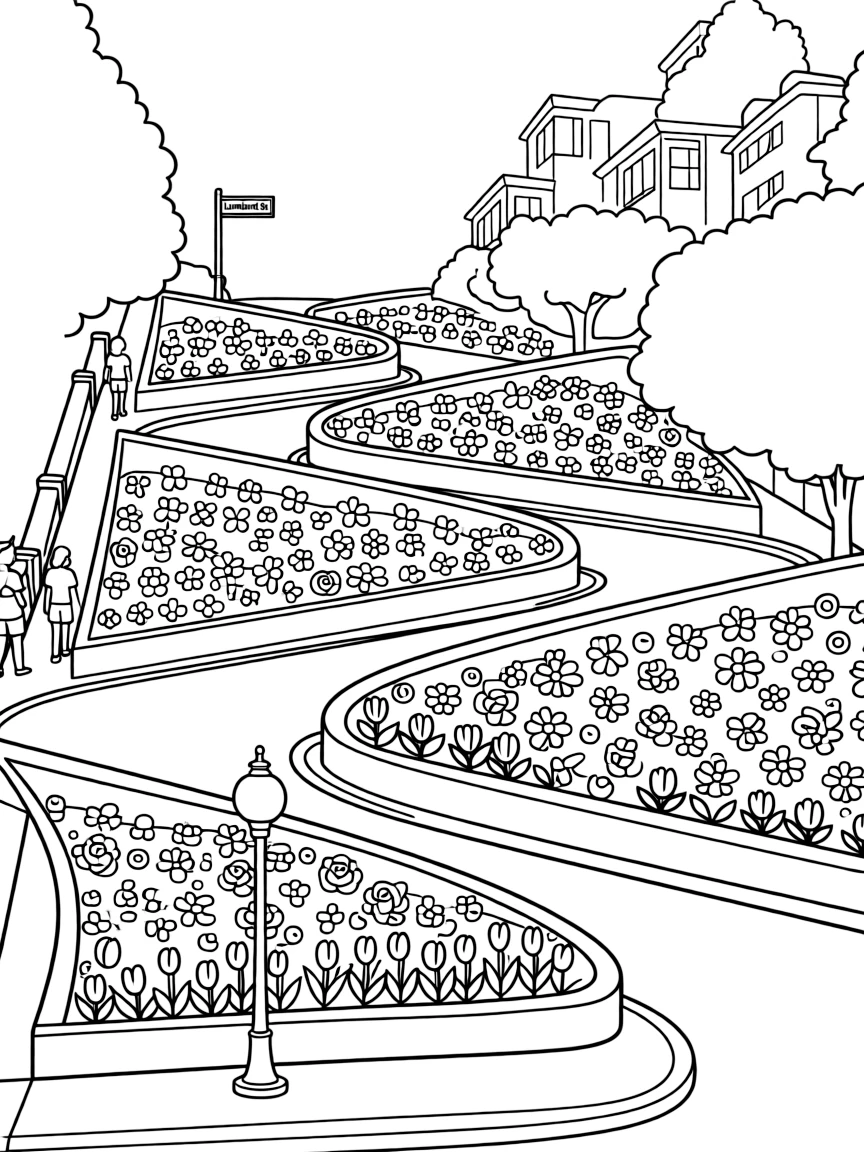 Lombard Street, the "crookedest street" in San Francisco, with colorful flowers.