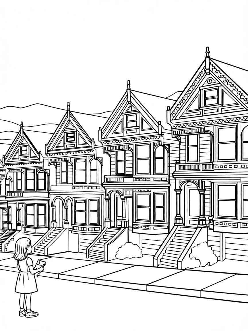 A vibrant street in San Francisco with painted ladies (Victorian houses).
