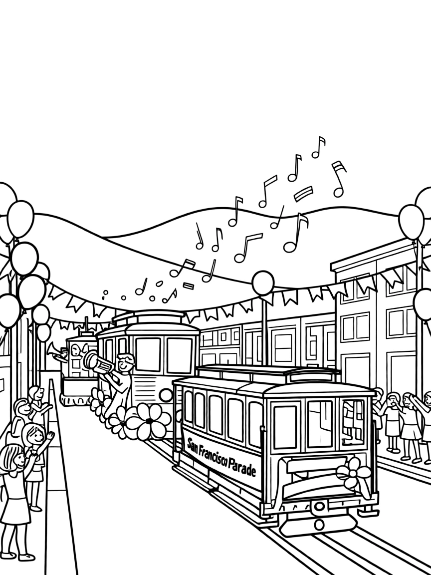 A festive parade in San Francisco with colorful floats and music.