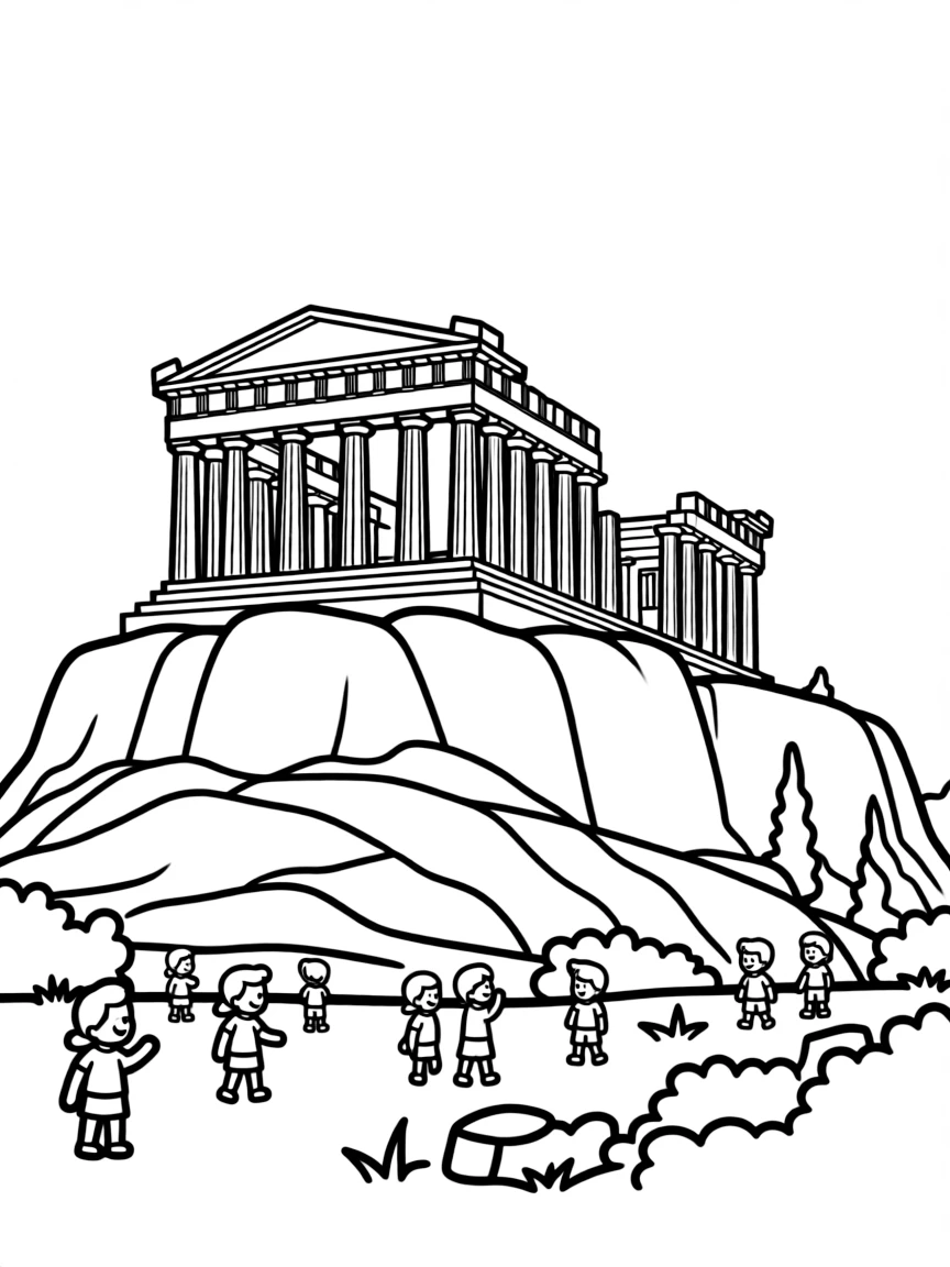 The Acropolis in Athens, Greece, with ancient temples and tiny people exploring.