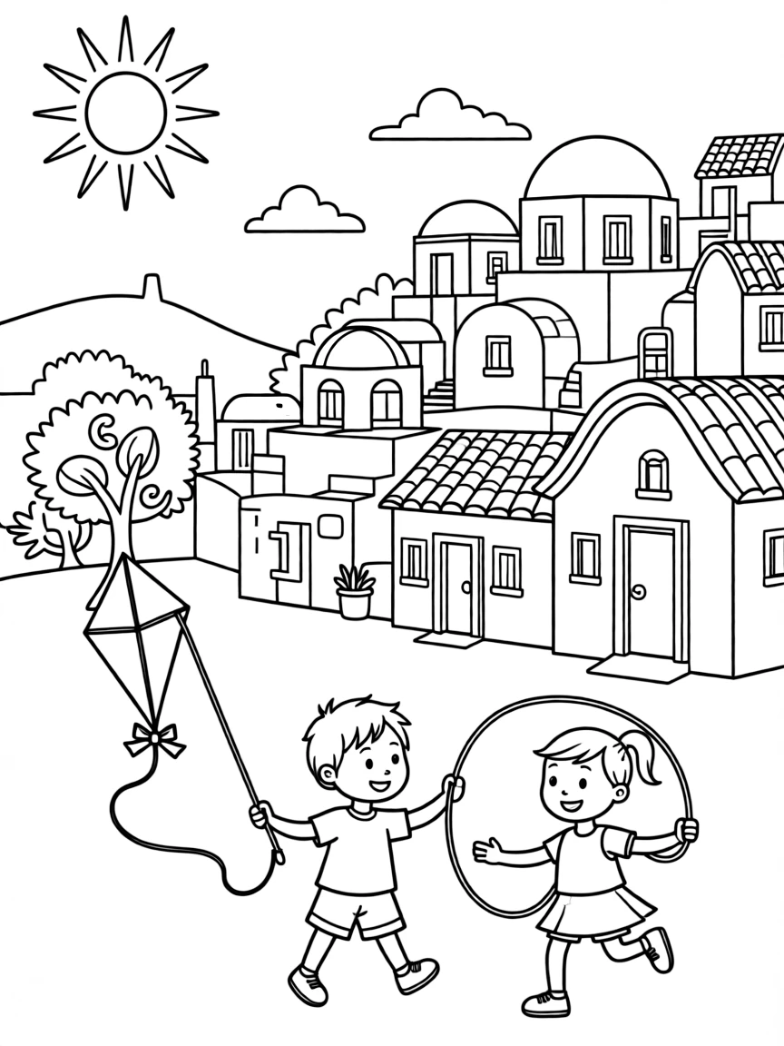 Kids playing in a sunny Greek village with whitewashed houses and blue roofs.