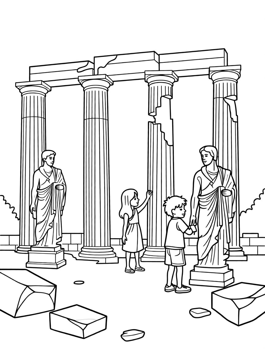 Ancient Greek ruins with columns and statues, being explored by curious children.