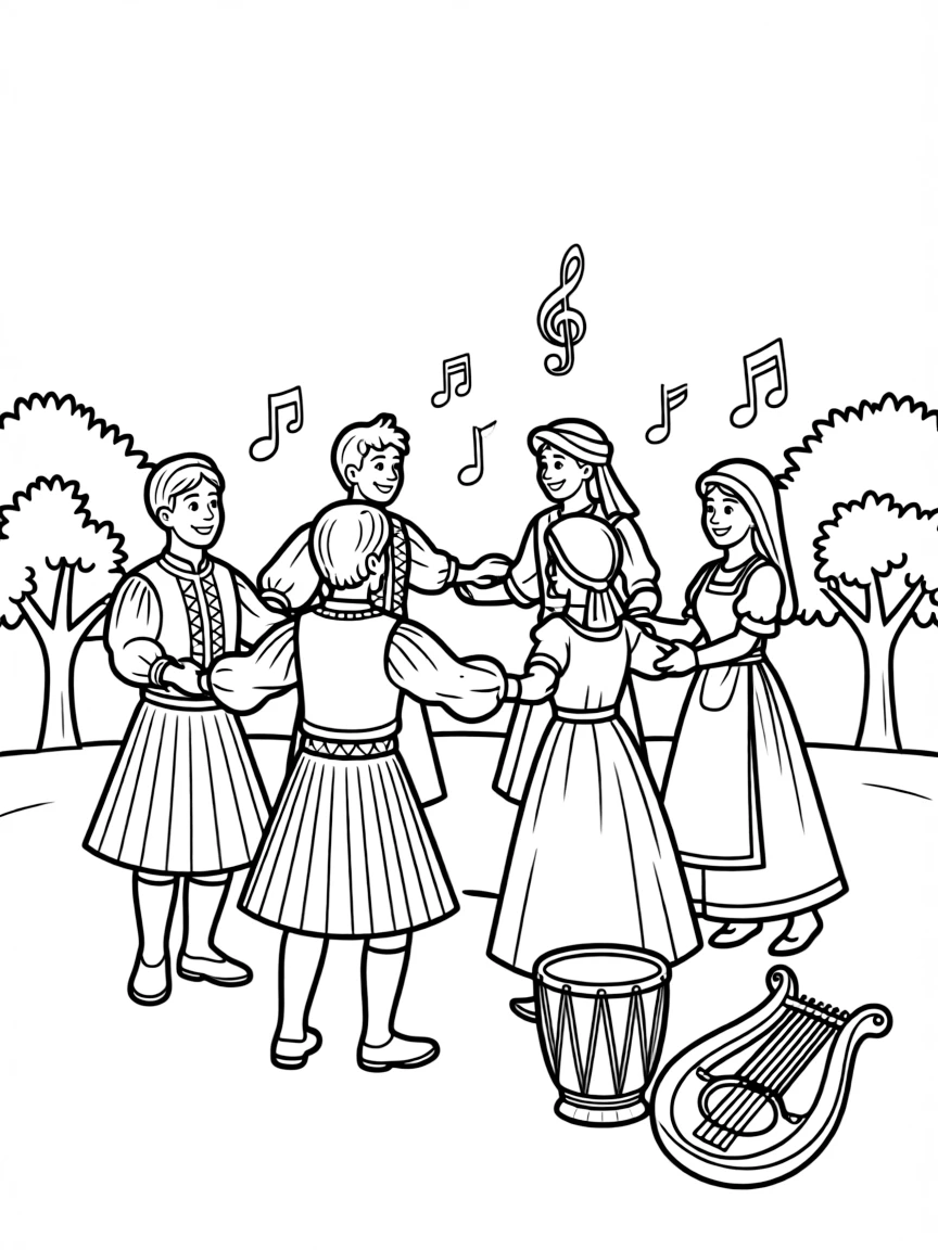 A traditional Greek dance with people in colorful costumes and joyful music.