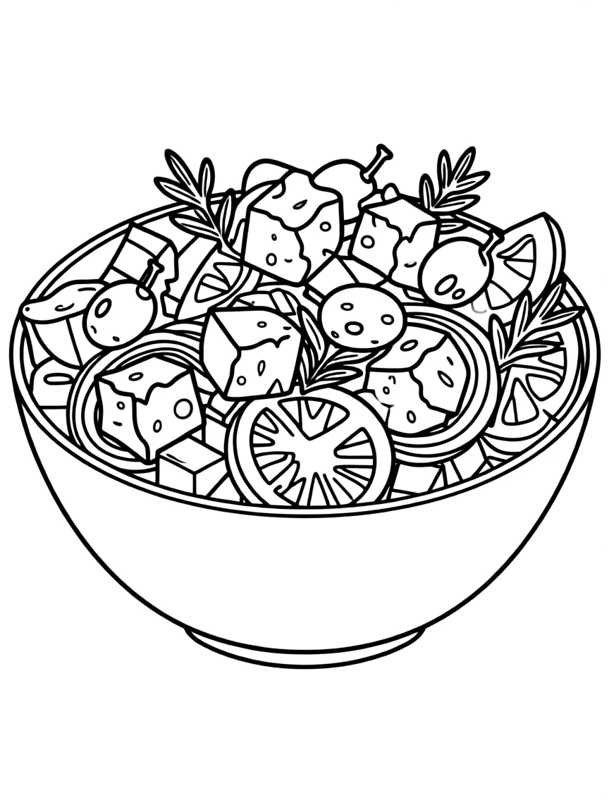 A delicious Greek salad with feta cheese and olives.