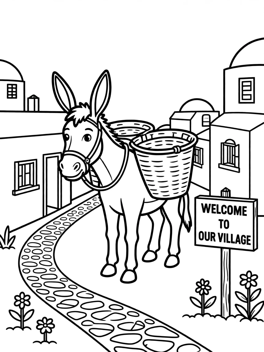 A friendly donkey carrying baskets in a Greek village.