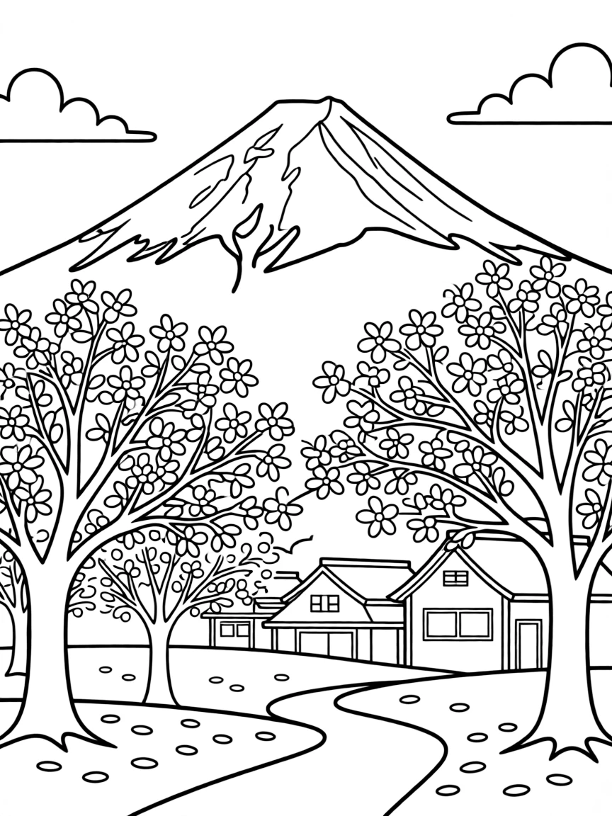 Mount Fuji in Japan with cherry blossoms blooming and a peaceful village below.
