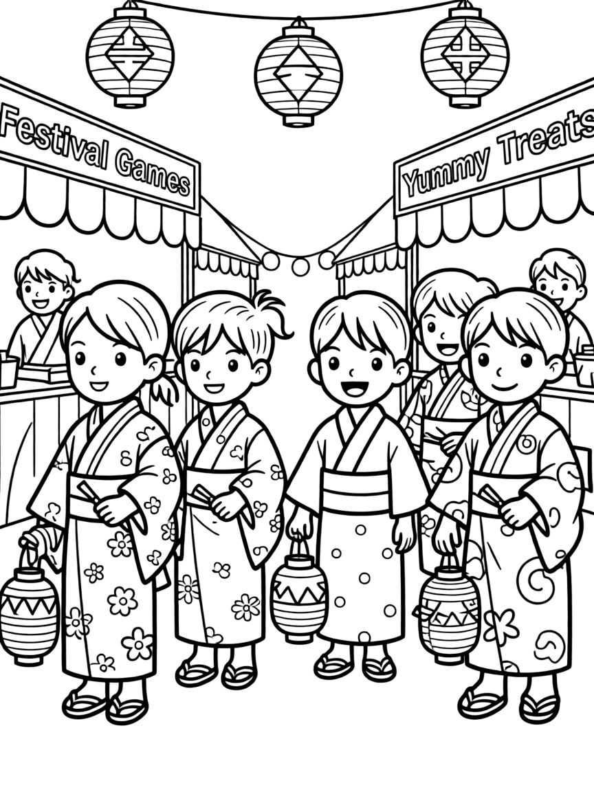 Kids dressed in kimonos at a traditional Japanese festival.