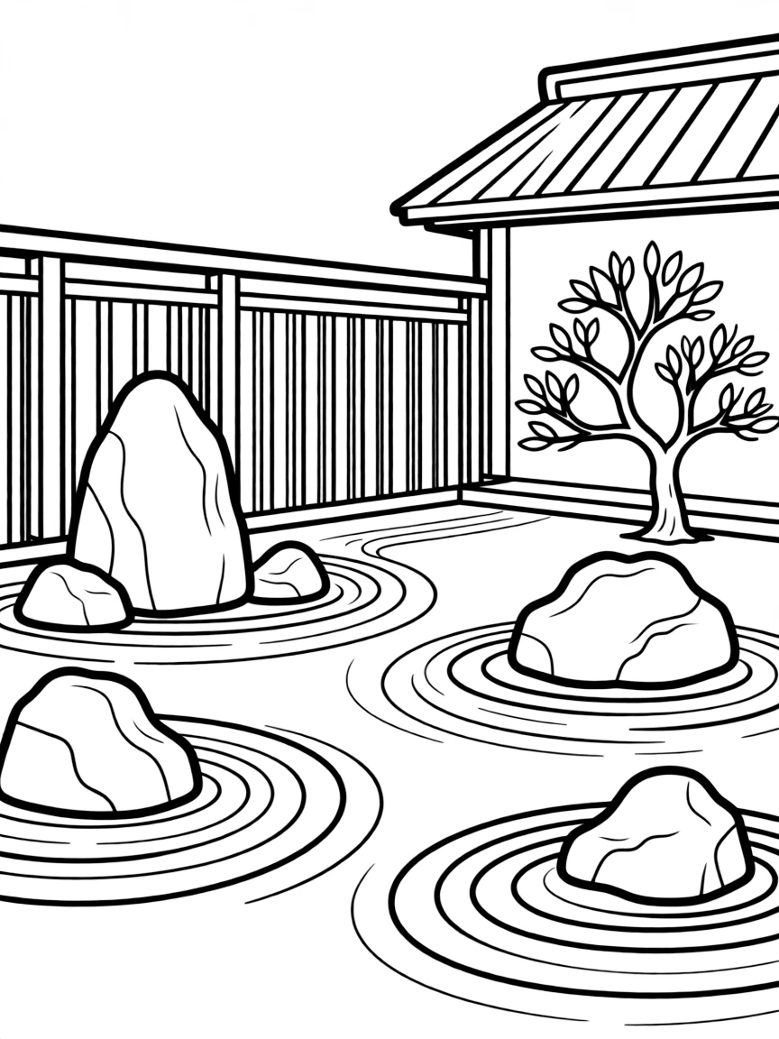 A peaceful Zen garden in Japan with raked sand and rocks.