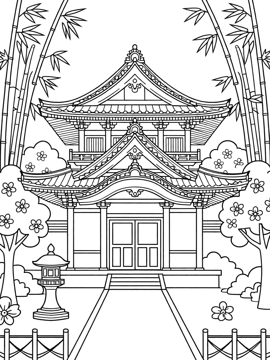 A beautiful Japanese temple with intricate roofs and peaceful surroundings.