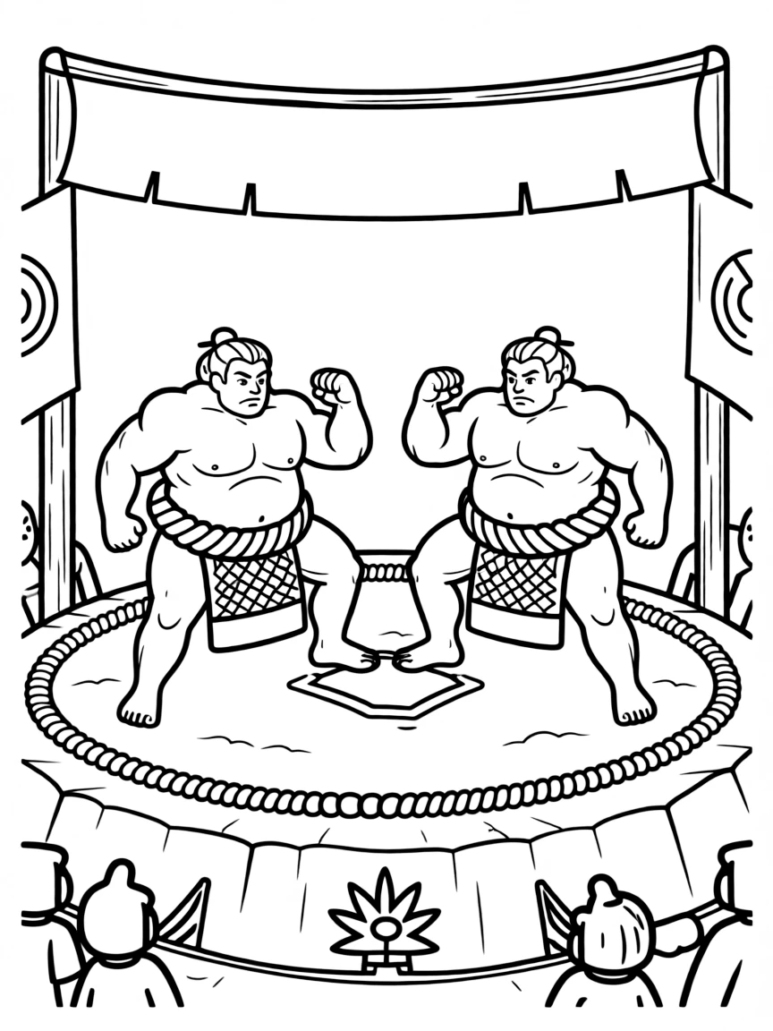 A lively sumo wrestling match in Japan with strong wrestlers.