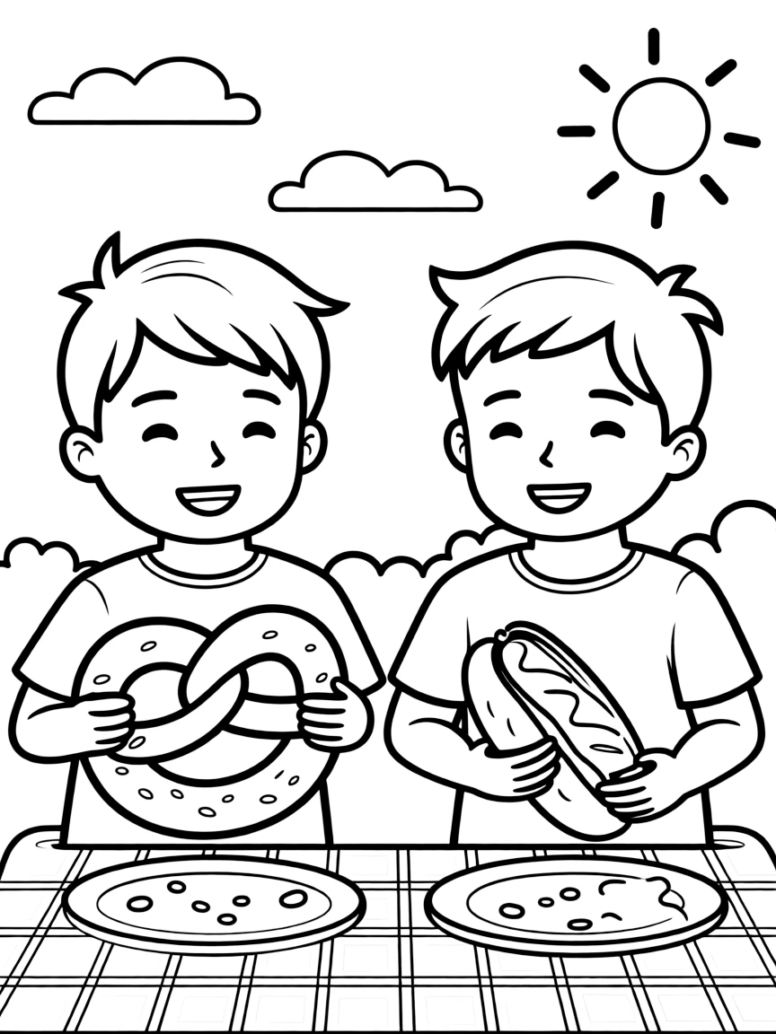 Kids enjoying a delicious German pretzel and bratwurst.