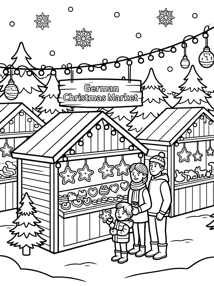 A traditional German Christmas market with twinkling lights and gingerbread.