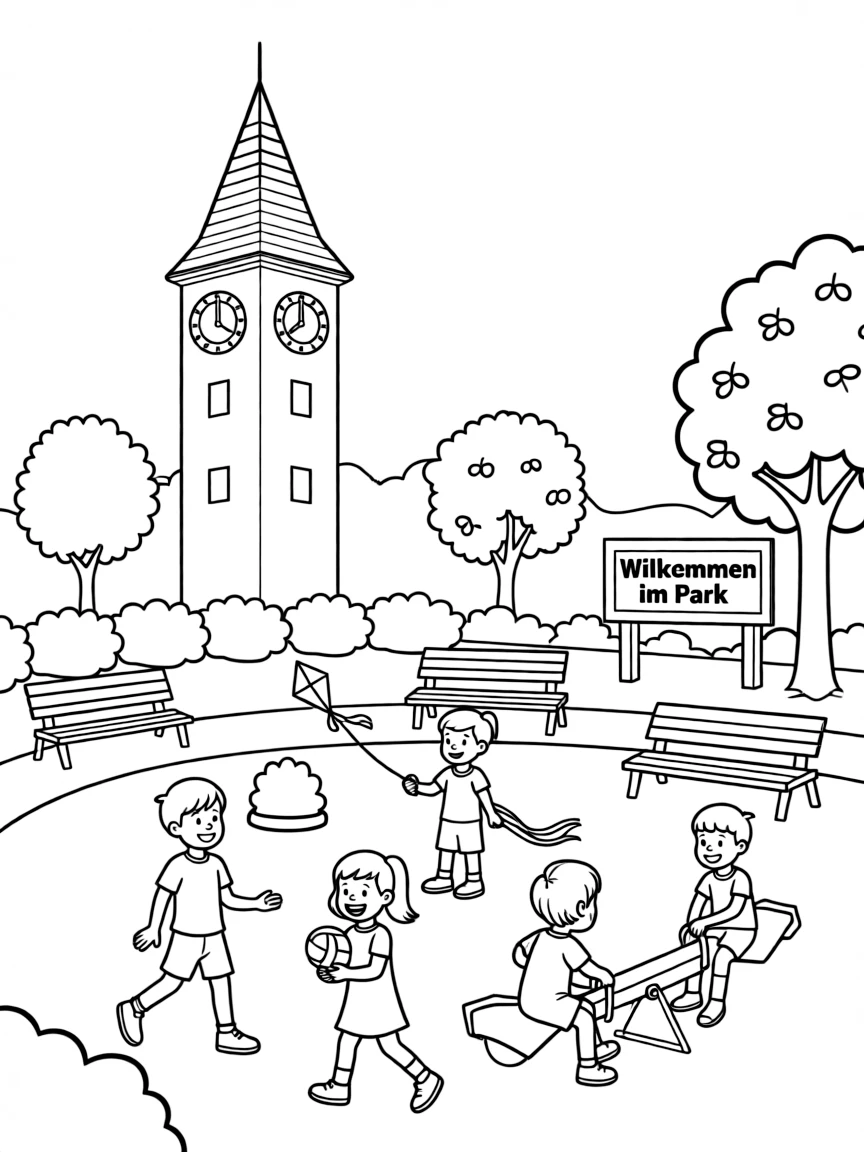 Kids playing in a German park with a tall clock tower.