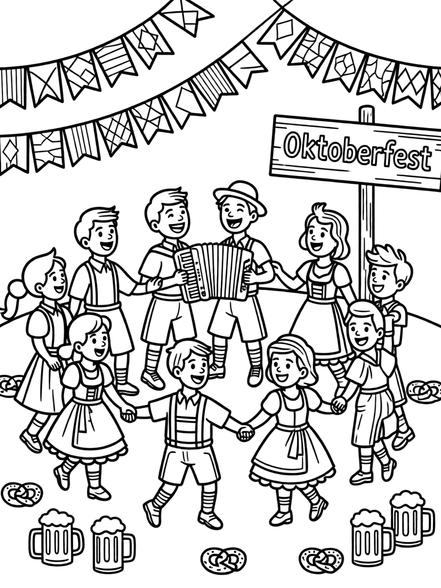 A festive Oktoberfest celebration in Germany with people dancing and singing.