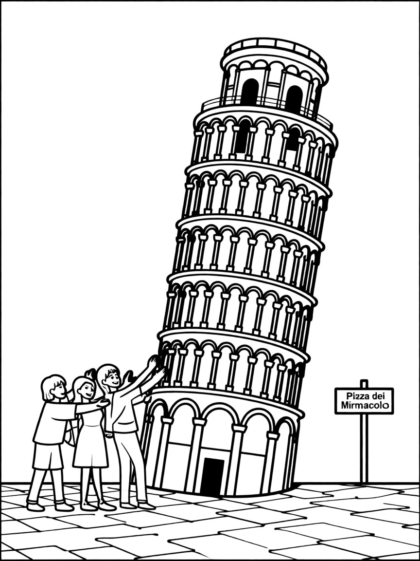 The Leaning Tower of Pisa in Italy with tourists trying to "push" it back up.