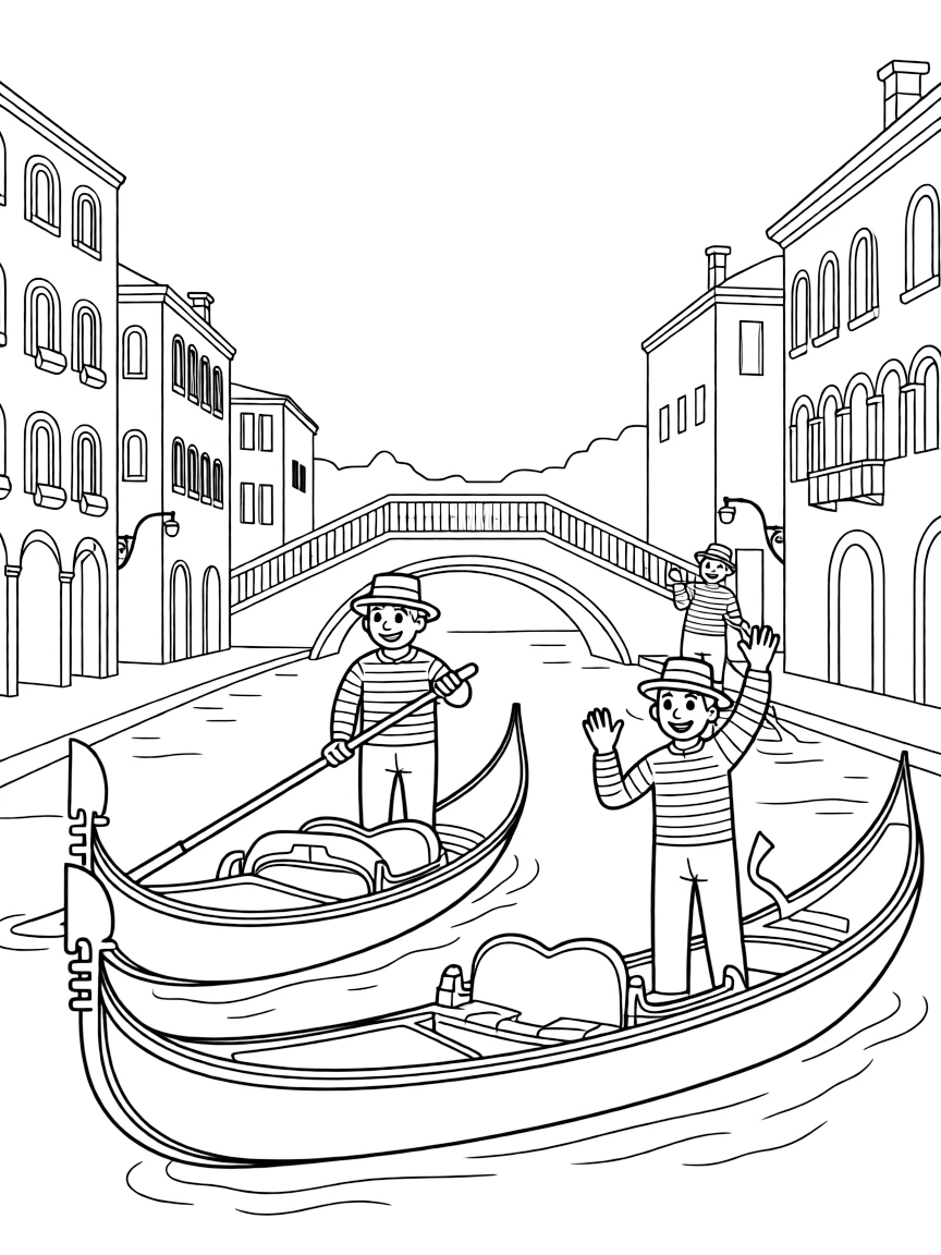 Gondolas floating on the canals of Venice, Italy, with cheerful gondoliers.