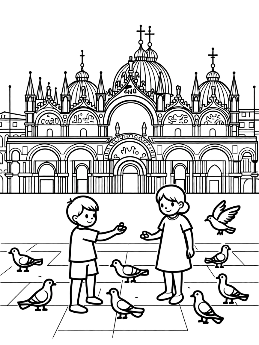 Kids feeding pigeons in St. Mark's Square, Venice, with the basilica in the background.