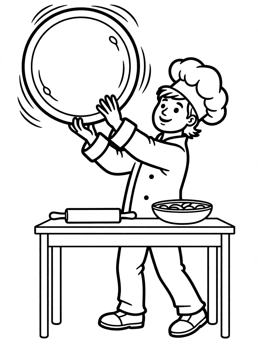 A delicious Italian pizza being tossed by a chef.