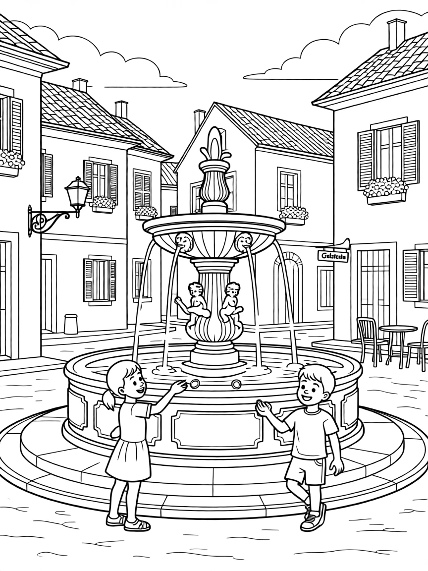 Kids making a wish at a fountain in a charming Italian town.