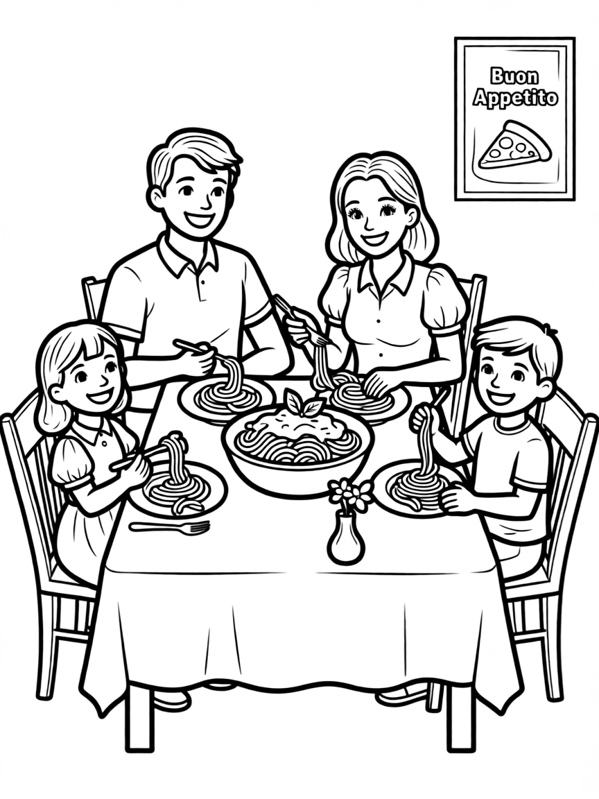 A traditional Italian pasta dish being enjoyed by a happy family.