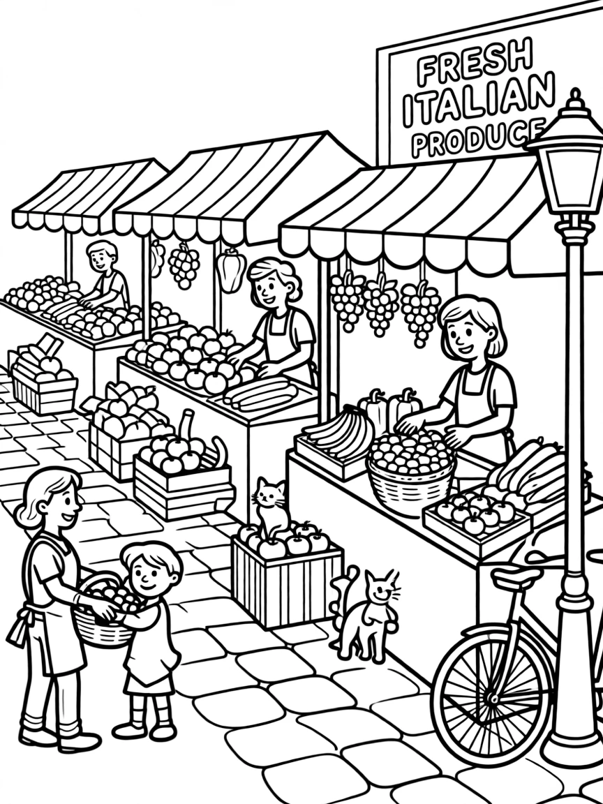 A vibrant street market in Italy with fresh produce and happy vendors.