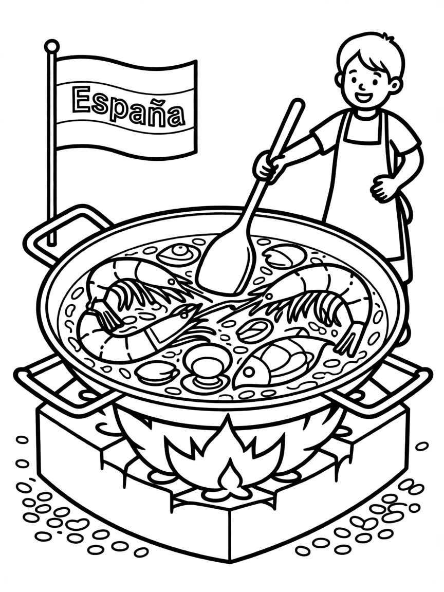 A delicious paella being cooked in Spain with seafood and rice.