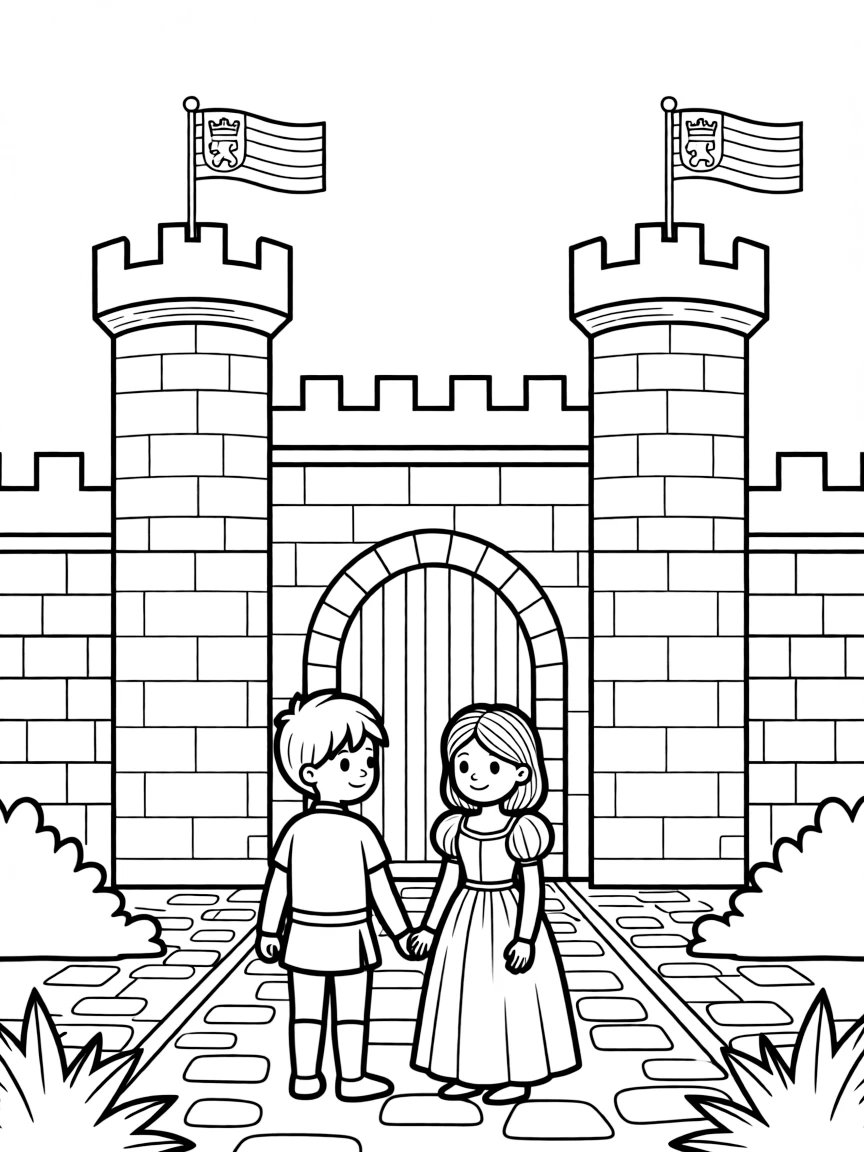Kids exploring a medieval castle in Spain with flags flying.