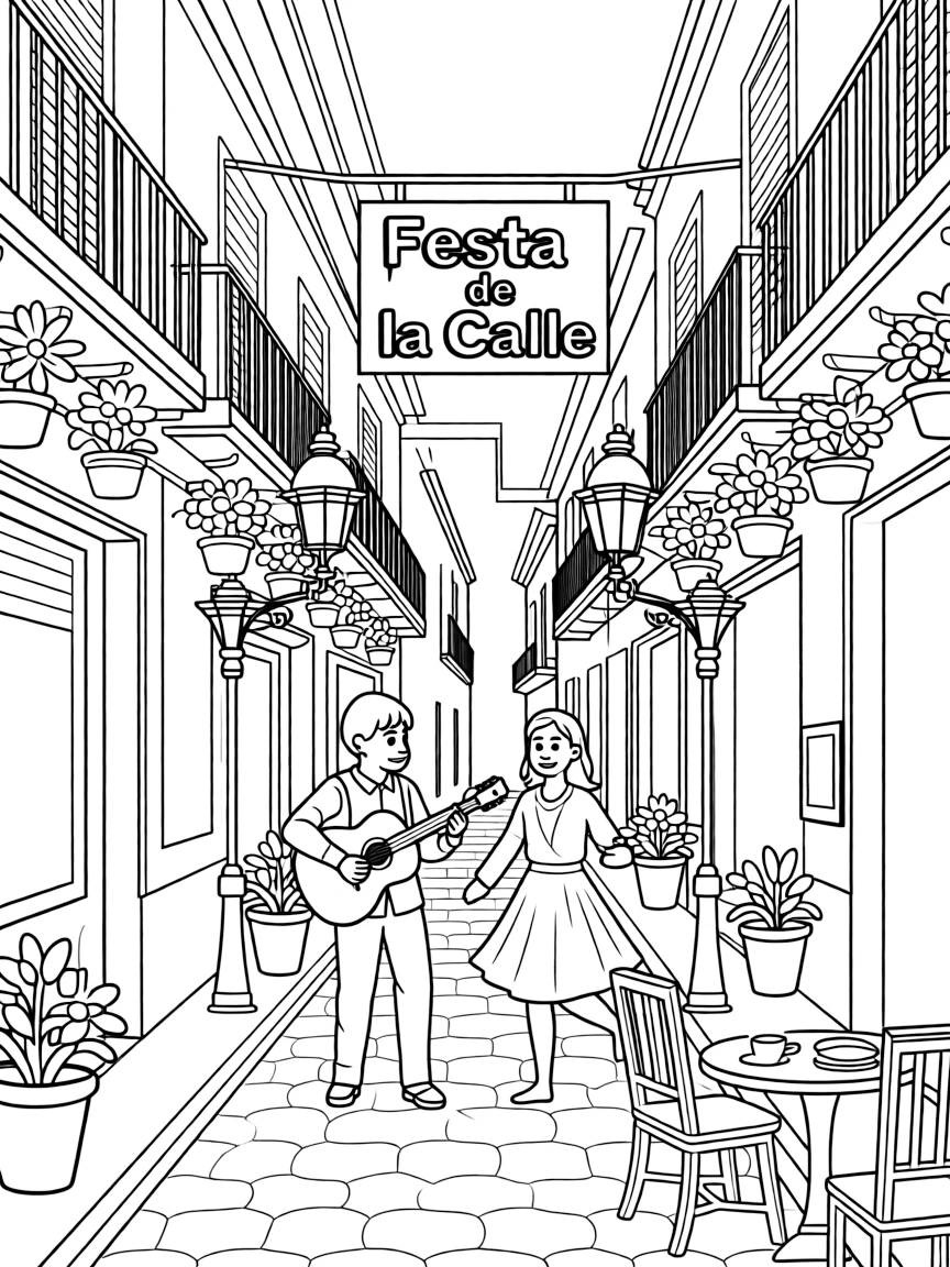 A vibrant street in Spain with colorful flowers and street performers.
