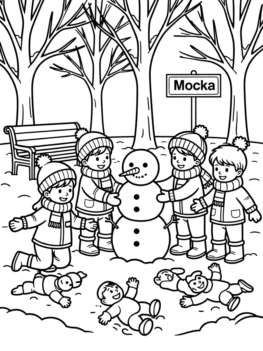 Kids playing in a snowy park in Moscow with warm hats and scarves.