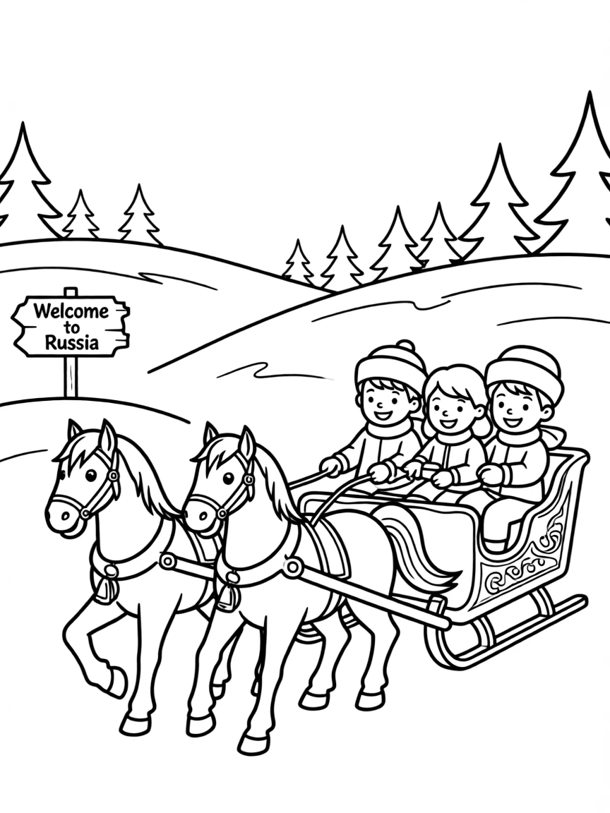 Kids riding a troika (horse-drawn sleigh) through a snowy Russian landscape.