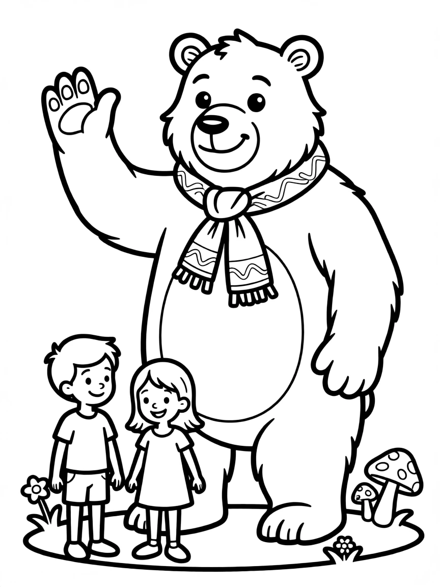 A giant Russian bear (friendly!) waving to children.