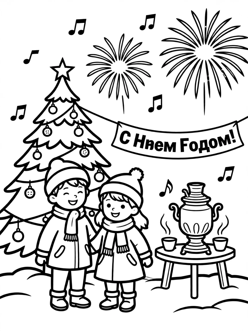A festive New Year's Eve celebration in Russia with fireworks and music.