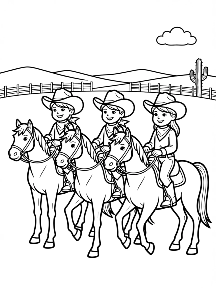 Cowboys and cowgirls (friendly ones!) riding horses in the American West.