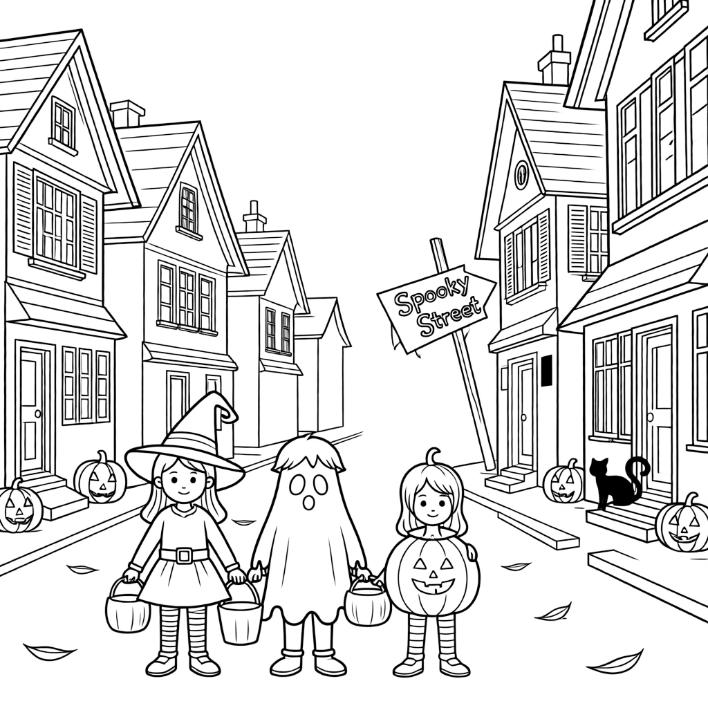 Classic Halloween Scene Kids Trick or Treat on Spooky Street