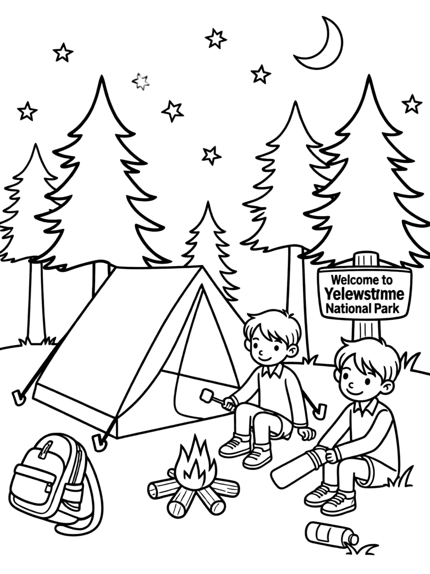 Kids camping under the stars in a national park in the USA.
