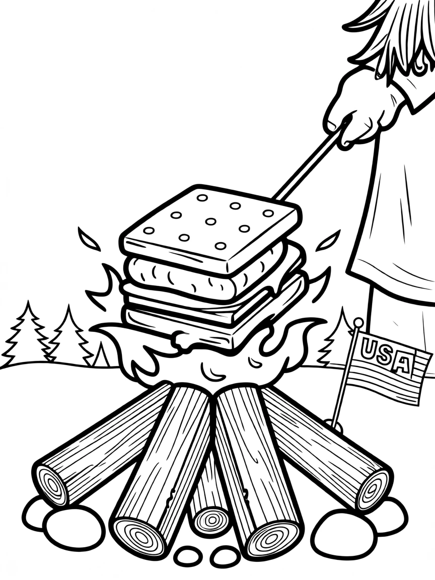 A delicious s'more being toasted over a campfire in the USA.