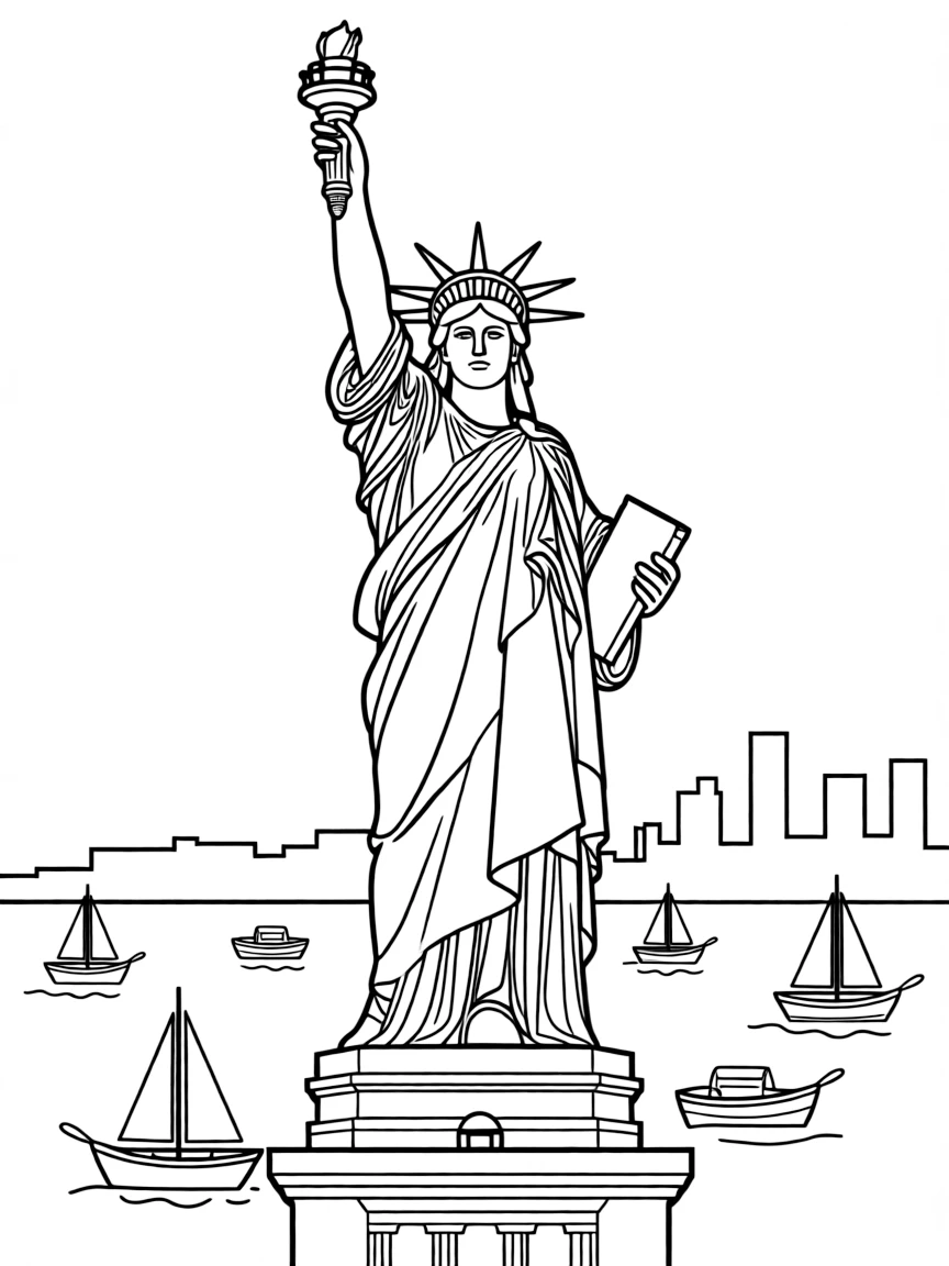 The Statue of Liberty in New York City with tiny boats in the harbor.