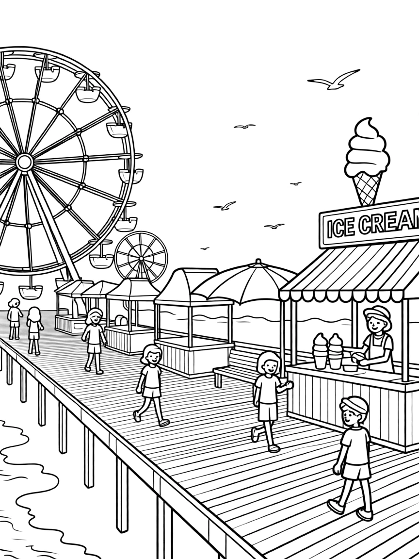 A bustling boardwalk on an American beach with Ferris wheels and ice cream.